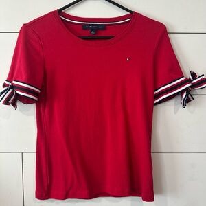 Tommy Hilfiger Red Short Sleeve Tee with Striped Knot Sleeves